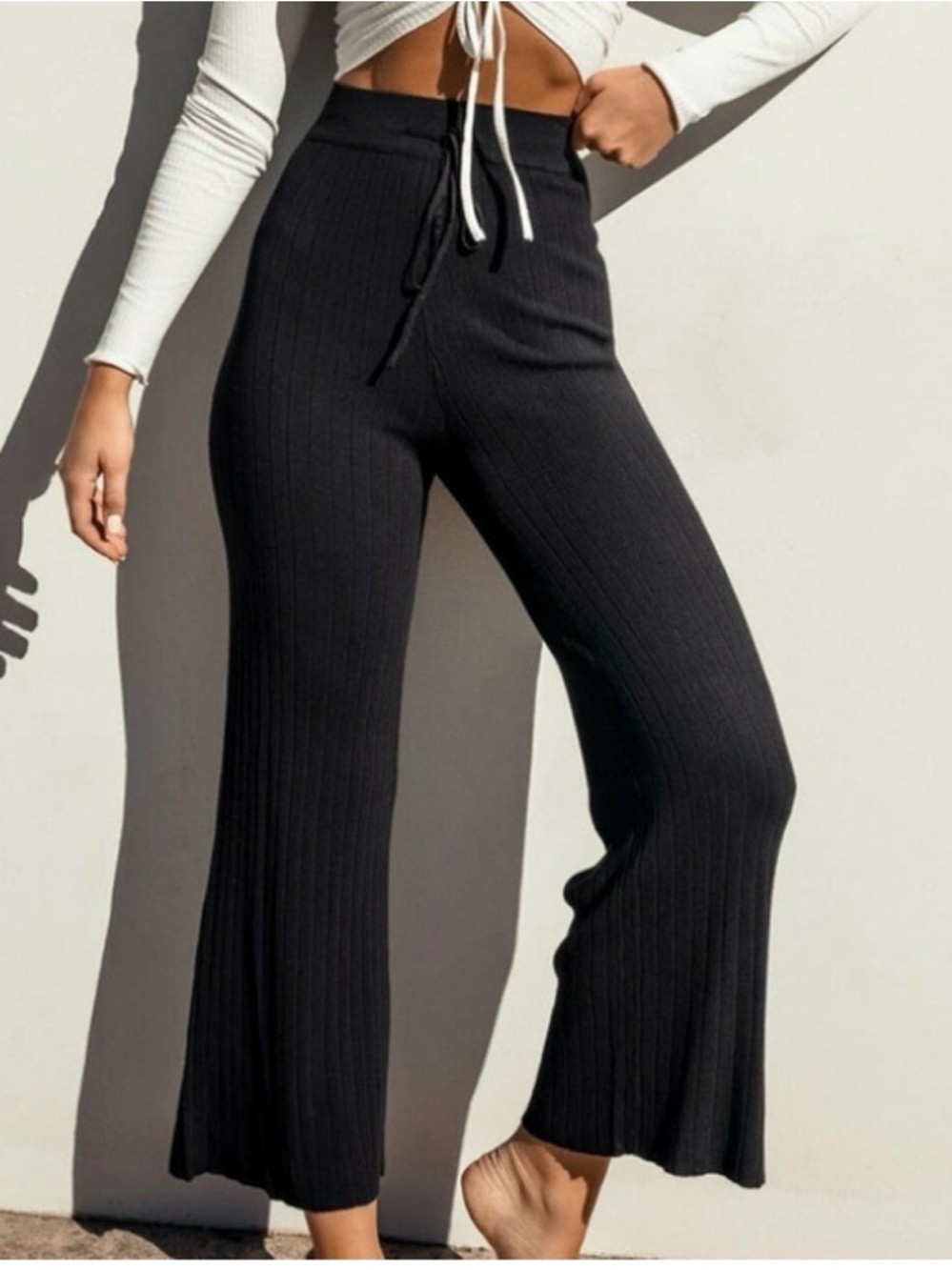 Princess Polly Black Ribbed Wide-Leg Knit Pants with Drawstring